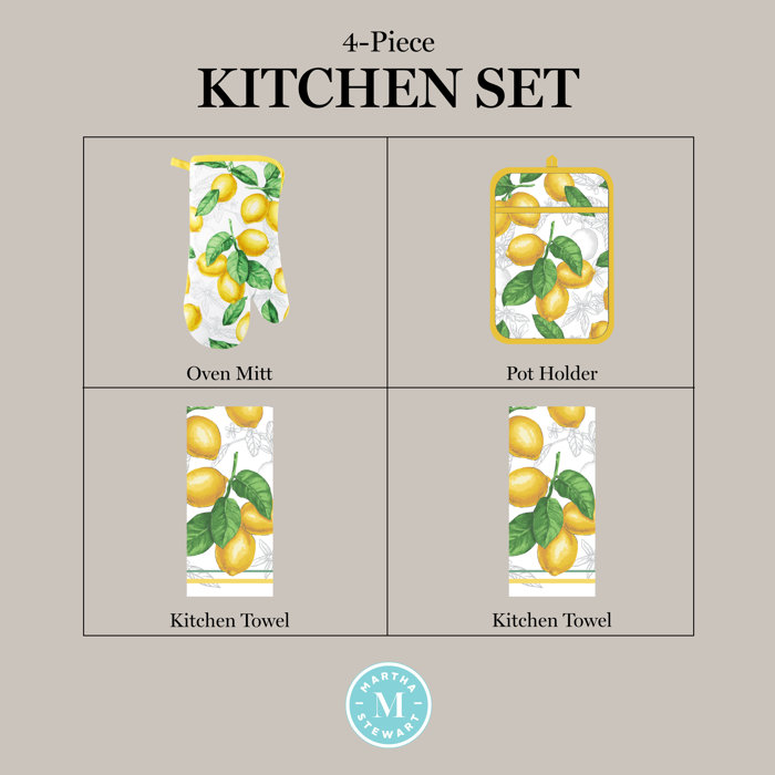 Set Da Cucina 4 Pezzi Martha Stewart "Lots Of Lemons" | Asciugamani, Guanto E Presina In Cotone | Bianco E Giallo